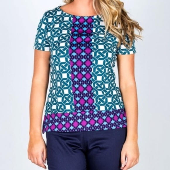 Tops - Geometric Teal & Purple Block Short Sleeve Top M